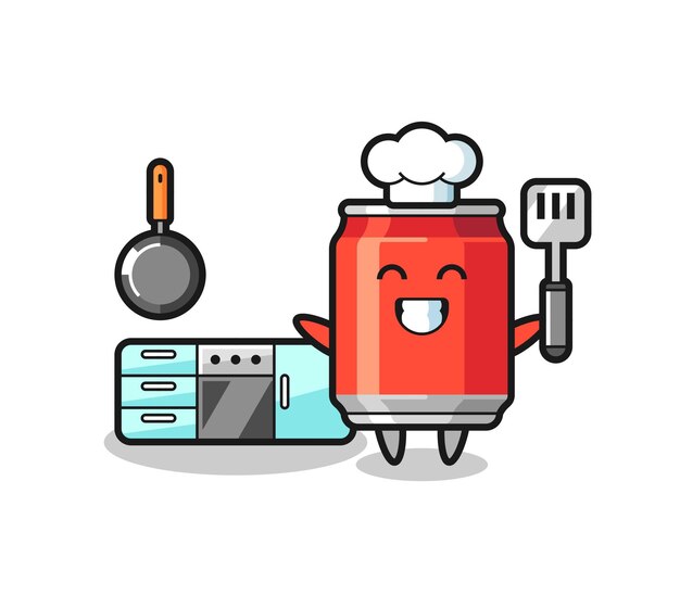 Ilustración de personaje de lata de bebida mientras un chef está cocinando, diseño de estilo lindo para camiseta, pegatina, elemento de logotipo