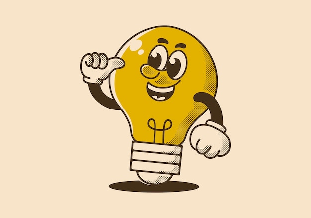 Ilustración del personaje de la mascota de la bombilla con expresión feliz en estilo vintage o retro.