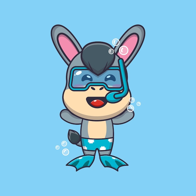 Vector ilustración de personaje de mascota de dibujos animados de burro lindo buceo.