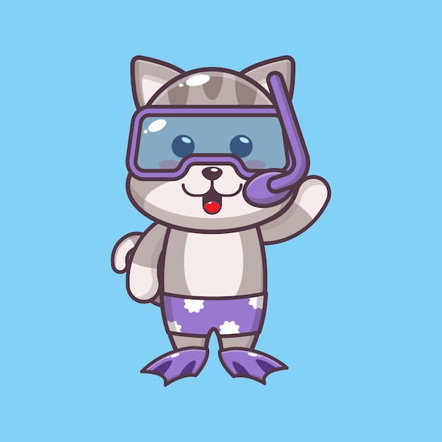 Ilustración de personaje de mascota de dibujos animados lindo gato de buceo