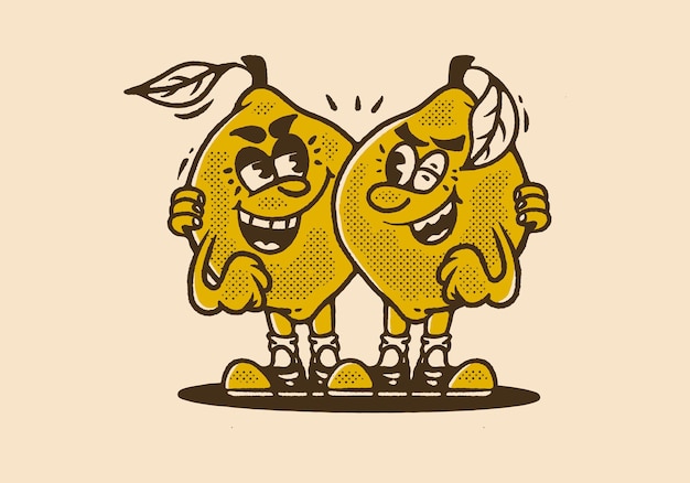 Ilustración de personaje de mascota de dos limones en estilo vintage