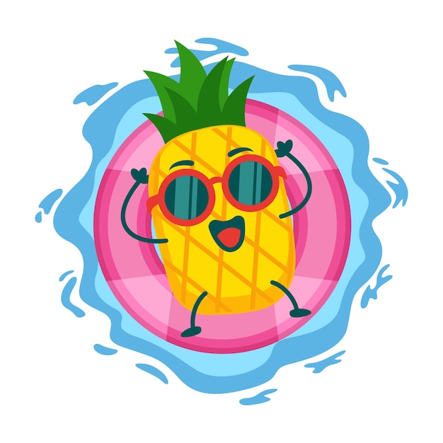 Ilustración del personaje de la mascota de la piña flotando en el océano