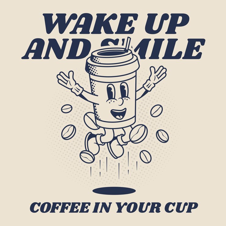 Vector ilustración del personaje de la mascota retro de la taza de café saltando en la versión de esquema