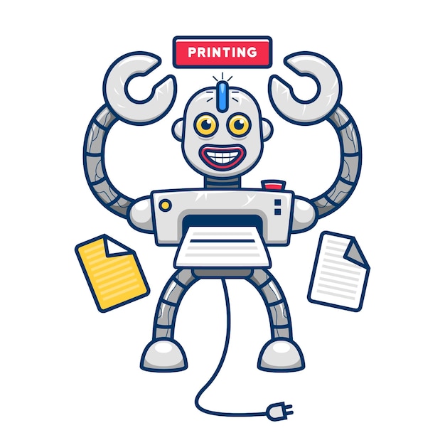Ilustración de personaje de mascota de robot de impresora divertida peculiar