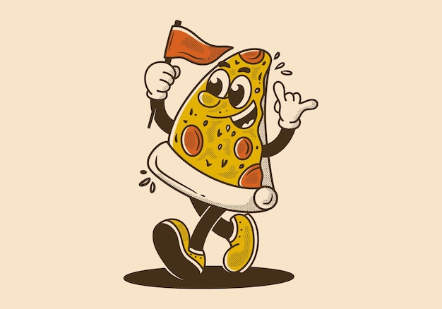 Ilustración de personaje de mascota vintage de pizza ambulante sosteniendo una bandera