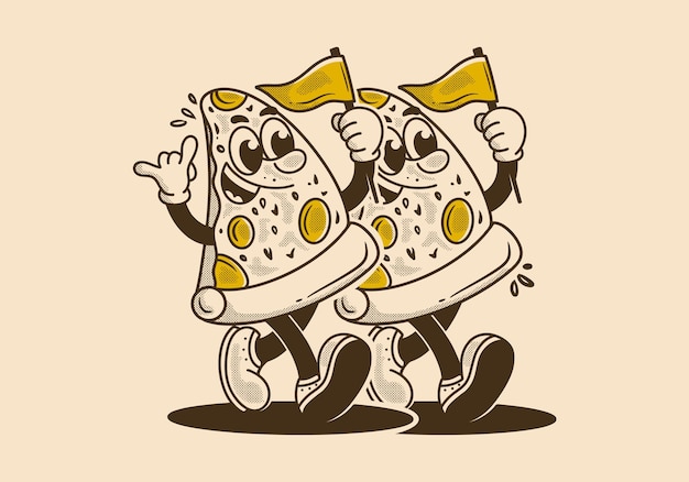 Ilustración de personaje de mascota vintage de pizza ambulante sosteniendo una bandera