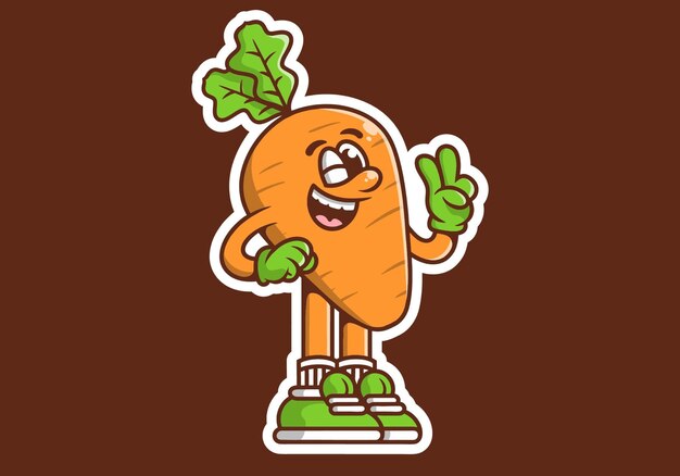 Ilustración del personaje de la mascota de una zanahoria con la mano formando el símbolo de la paz