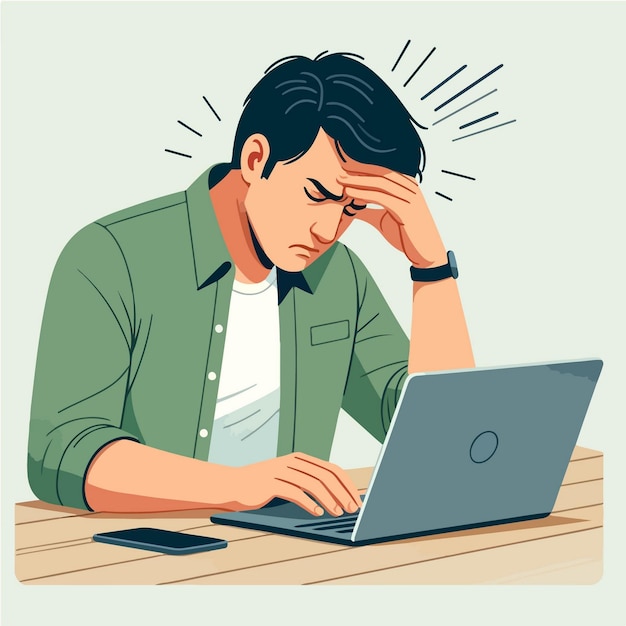 Ilustración de un personaje masculino que está confundido frente a una computadora portátil