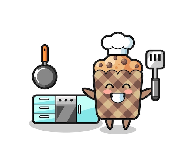 Vector la ilustración del personaje de muffin como chef está cocinando, diseño lindo