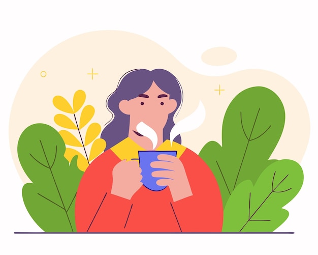 Ilustración de personaje de una mujer joven bebiendo café