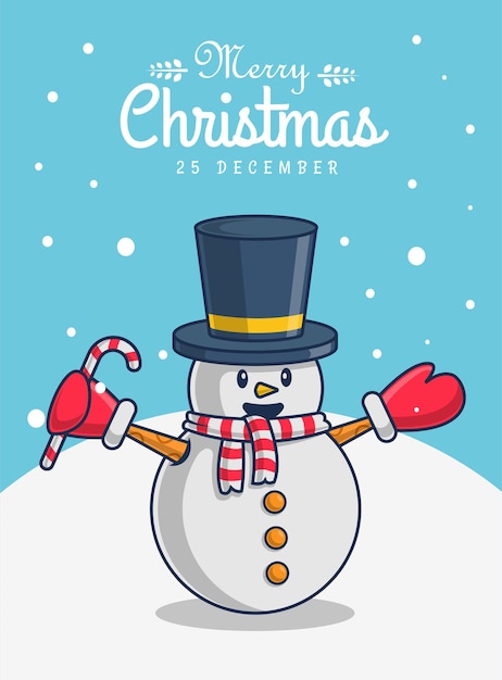 Ilustración de personaje de muñeco de nieve con saludos de feliz navidad