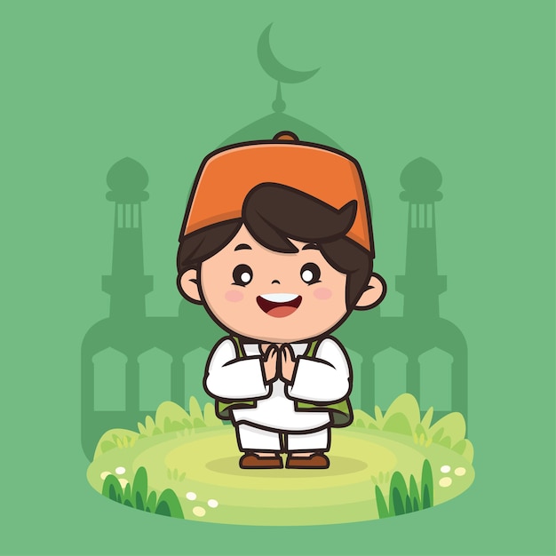 Ilustración de personaje de niño lindo musulmán ramadán