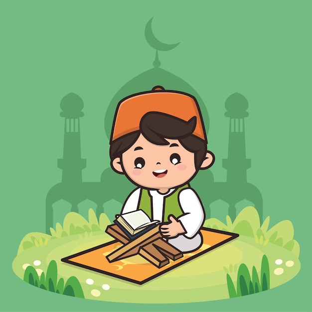 Ilustración de personaje de niño lindo musulmán Ramadán