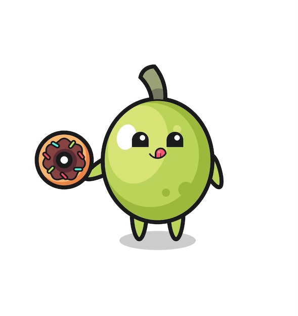 Ilustración de un personaje de oliva comiendo una rosquilla, diseño de estilo lindo para camiseta, pegatina, elemento de logotipo