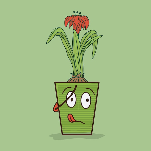 Ilustración de personaje de olla de hojalata verde con flor de amaryllis