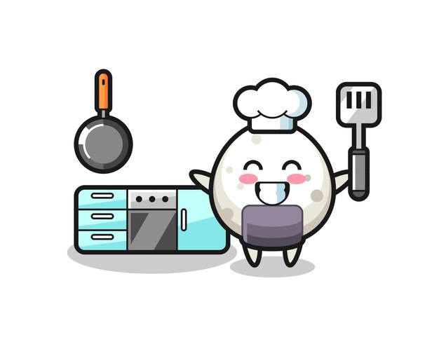 La ilustración del personaje Onigiri como chef está cocinando, diseño de estilo lindo para camiseta, pegatina, elemento de logotipo