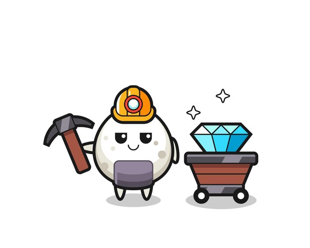 Ilustración de personaje de onigiri como minero, diseño de estilo lindo para camiseta, pegatina, elemento de logotipo