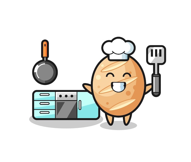 Ilustración de personaje de pan francés como chef está cocinando, diseño lindo