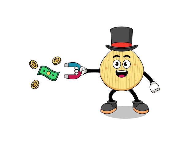 Ilustración de personaje de papas fritas atrapando dinero con un diseño de personaje de imán