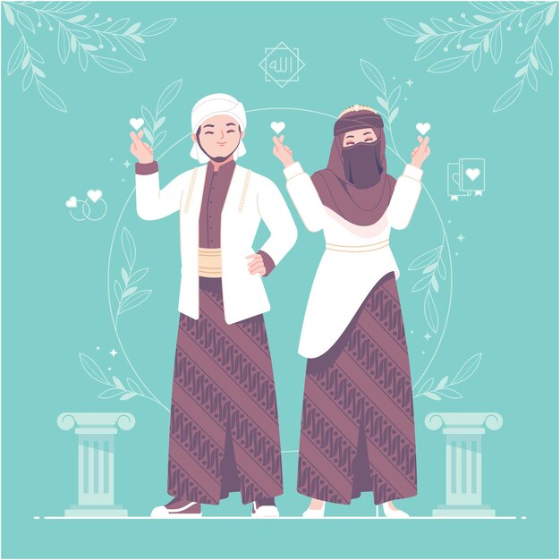 Ilustración de personaje de pareja de boda hijab islámico