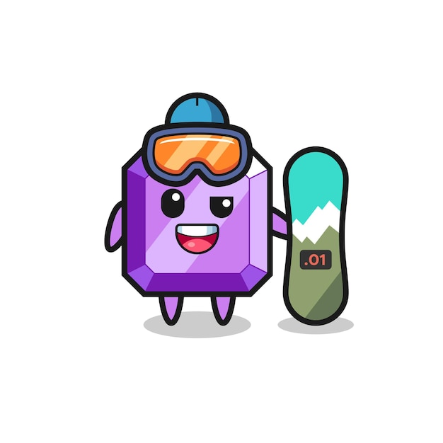 Ilustración del personaje de piedra preciosa púrpura con estilo de snowboard, diseño de estilo lindo para camiseta, pegatina, elemento de logotipo