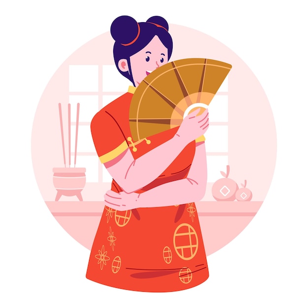 Ilustración de personaje plano de mujer china con abanico de mano.