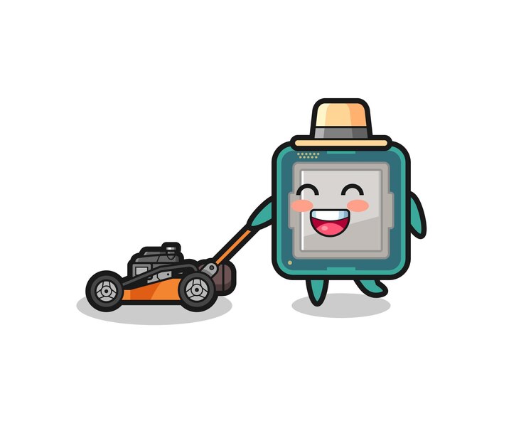 Vector ilustración del personaje del procesador con cortadora de césped, diseño de estilo lindo para camiseta, pegatina, elemento de logotipo
