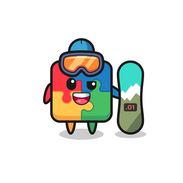 Vector ilustración de personaje de rompecabezas con estilo de snowboard