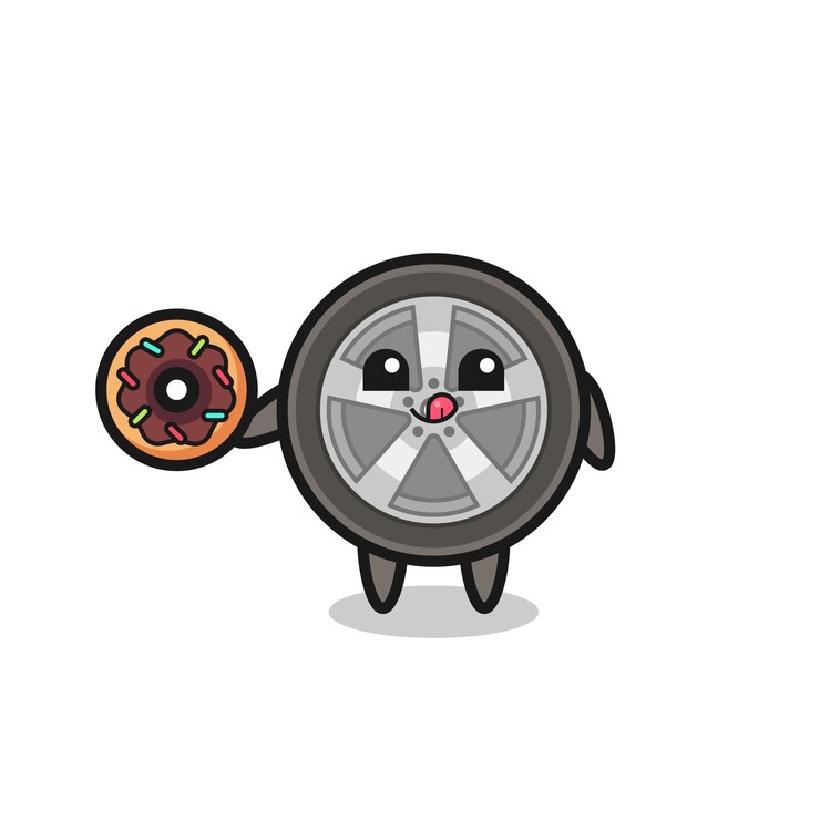 Vector ilustración de un personaje de rueda de coche comiendo una rosquilla