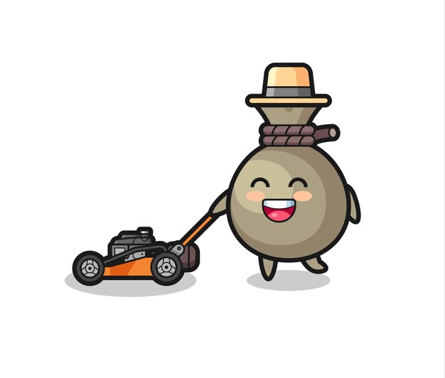 Ilustración del personaje de saco de dinero con cortadora de césped