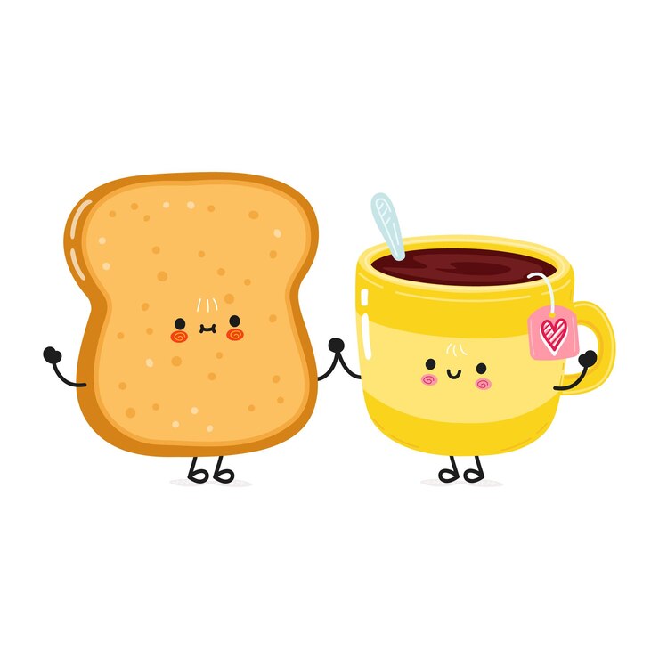 Ilustración de personaje de taza de té y tostadas