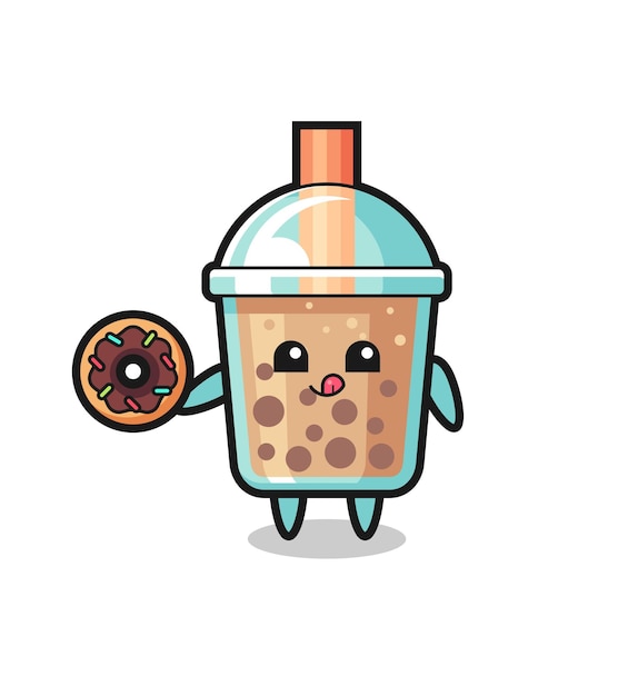 Ilustración de un personaje de té de burbujas comiendo una rosquilla, diseño de estilo lindo para camiseta, pegatina, elemento de logotipo