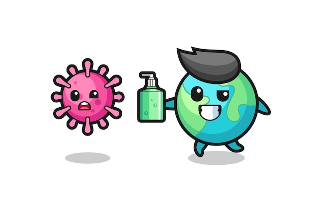 Ilustración del personaje de la tierra persiguiendo el virus maligno con desinfectante de manos, diseño de estilo lindo para camiseta, pegatina, elemento de logotipo