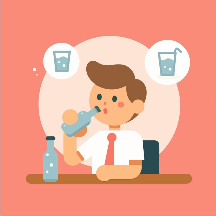 Vector ilustración de un personaje de tipo en una corbata bebiendo diseño plano