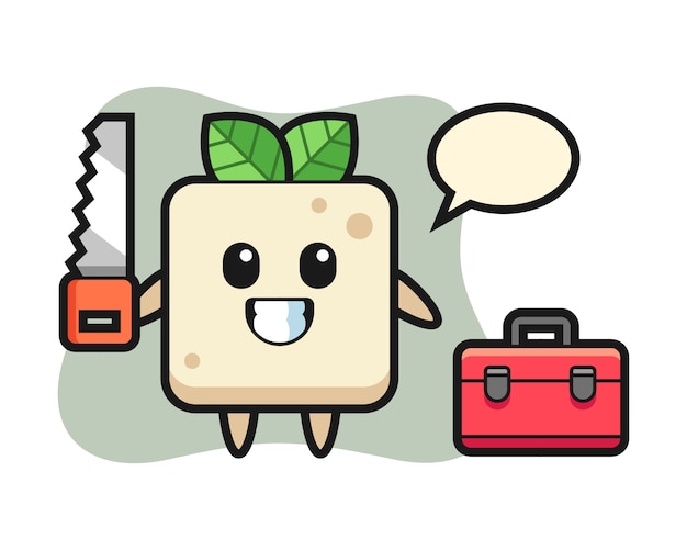 Ilustración del personaje de tofu como carpintero, diseño de estilo lindo para camiseta