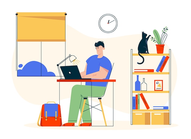 Ilustración de personaje de trabajo en casa. Hombre trabajador remoto sentado en el escritorio, trabajando en la computadora portátil. Interior de la oficina en casa, estantería, mascota gato, lugar de trabajo cómodo. Freelancer en estudio creativo