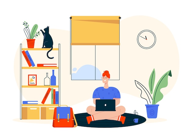 Vector ilustración de personaje de trabajo en casa. mujer trabajadora remota sentada en el suelo, trabajando en la computadora portátil. interior de la oficina en casa, estantería, mascota gato, lugar de trabajo cómodo. freelancer en estudio creativo