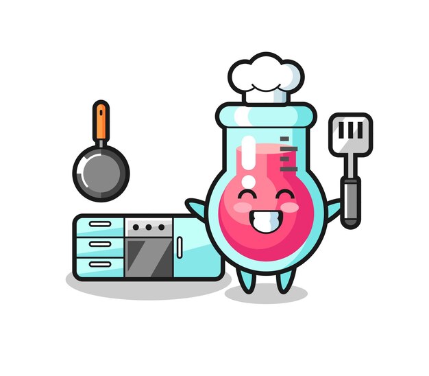 Ilustración de personaje de vaso de laboratorio como chef está cocinando, diseño de estilo lindo para camiseta, pegatina, elemento de logotipo