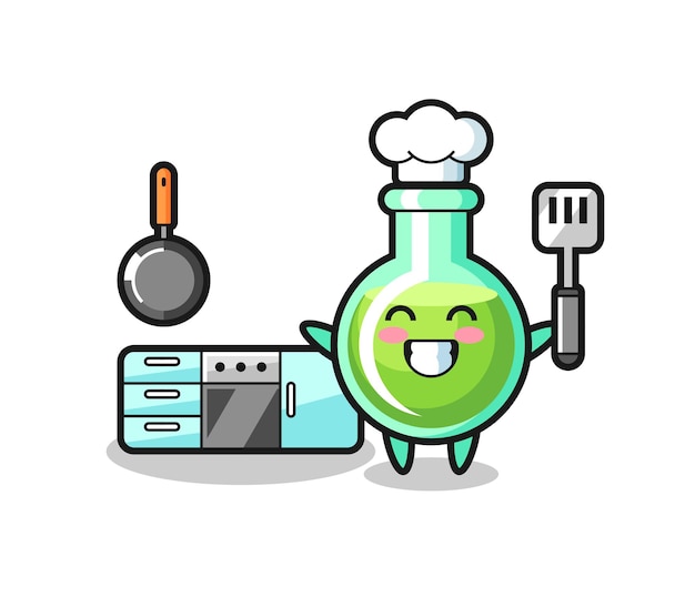 Ilustración de personaje de vasos de laboratorio como chef está cocinando, diseño de estilo lindo para camiseta, pegatina, elemento de logotipo