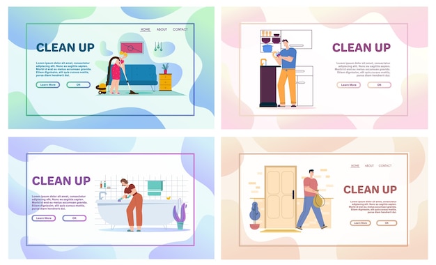 Ilustración de personaje de vector de limpiar escenas de la casa, hacer tareas domésticas, rutina diaria. El hombre lava los platos en la cocina, tira basura. Mujer lava la ventana y el baño, aspirando el piso en la sala de estar