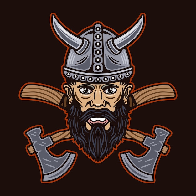Ilustración de personaje vectorial de cabeza vikinga y dos ejes cruzados en estilo vintage monocromático sobre fondo blanco