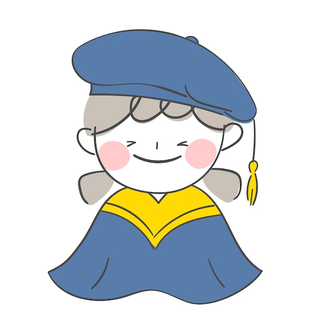 Una ilustración de personaje con un vestido de graduación y un sombrero para la ceremonia de graduación.