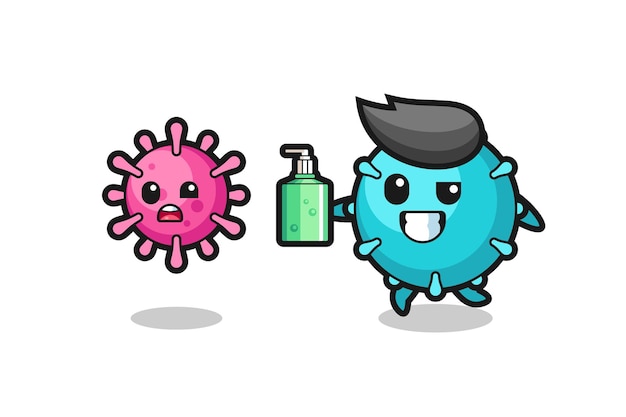 Ilustración del personaje del virus persiguiendo al virus maligno con desinfectante de manos, diseño de estilo lindo para camiseta, pegatina, elemento de logotipo