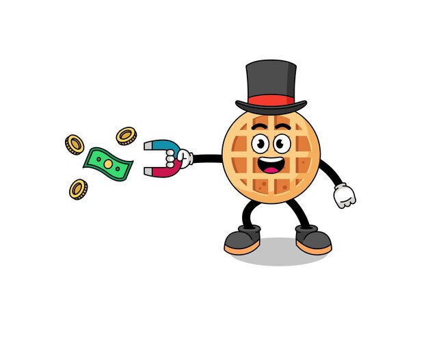 Ilustración de personaje de waffle circular atrapando dinero con un imán