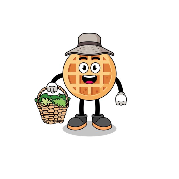 Ilustración de personaje de waffle circular como herbolario