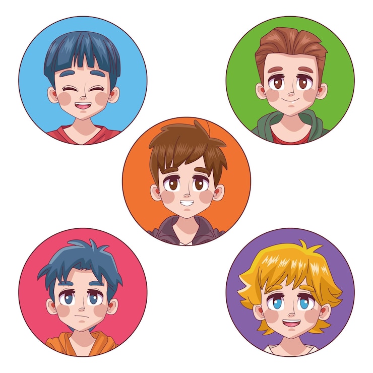Vector ilustración de personajes de anime manga grupo de cinco jóvenes chicos adolescentes lindos