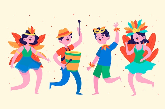 Ilustración de personajes de celebración de carnaval brasileño plano