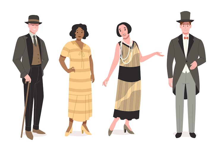 Vector ilustración de personajes de la década de los años 20 dibujados a mano