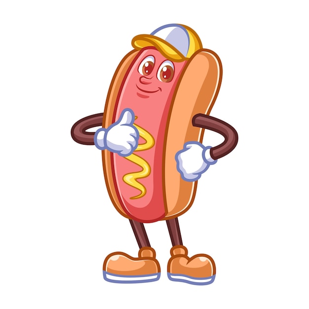 Ilustración de personajes de dibujos animados de perritos calientes pose divertida ilustración de comida rápida