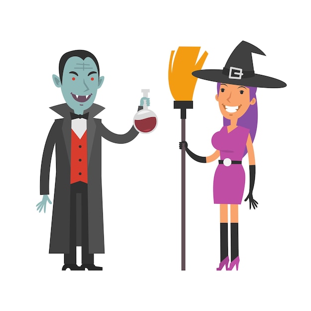 Ilustración, personajes drácula y bruja, formato eps 10